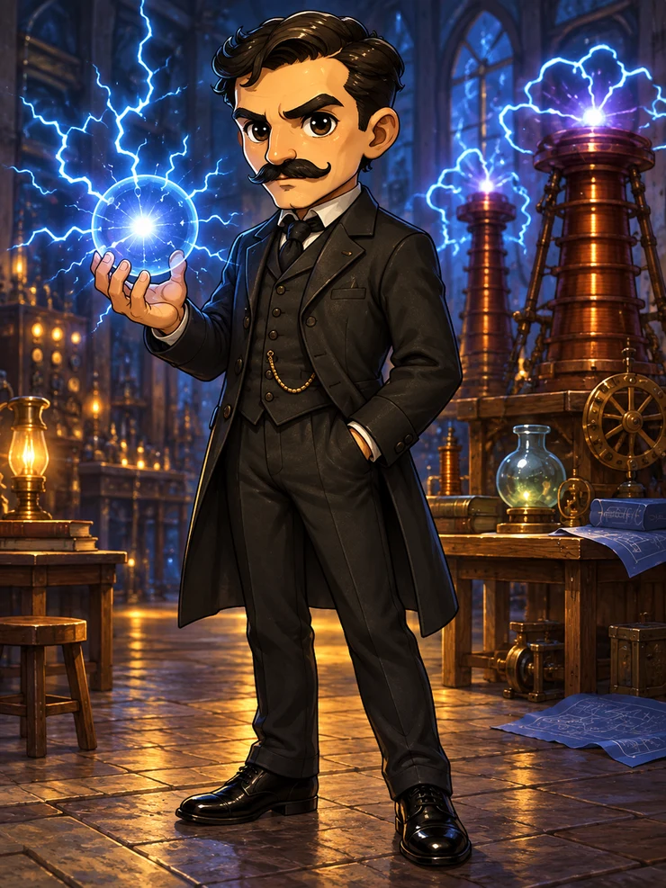 Illustrated Nikola Tesla holding a spark in his workshop